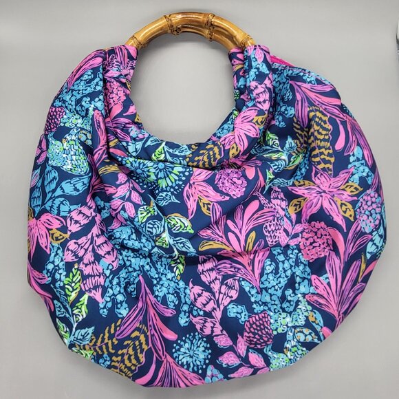 Lilly Pulitzer Aegean Navy Calypso Coast Bamboo Handle Hobo Handbag - Picture 4 of 14